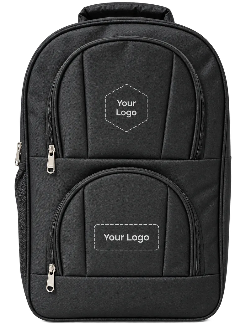 Black backpack with two front pockets and a logo area on each