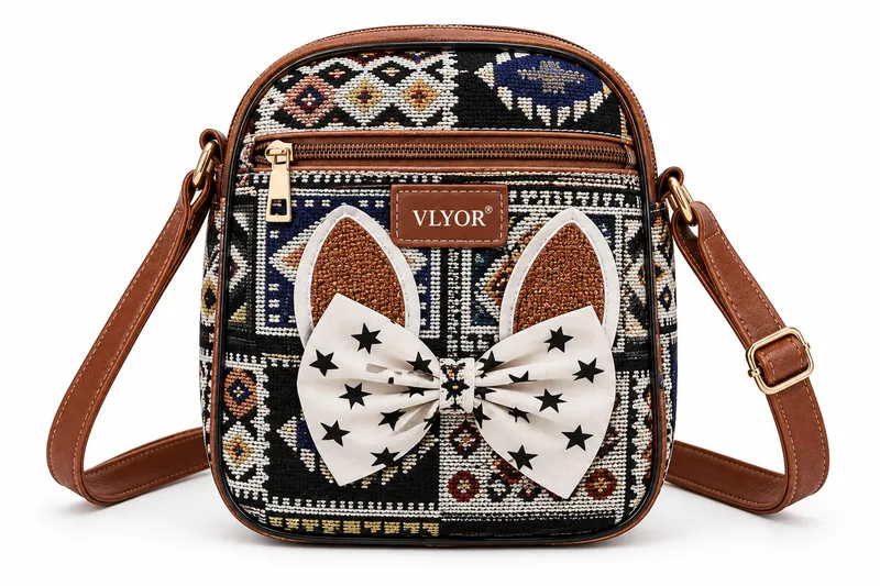 Small woven-pattern crossbody bag with a fabric bow and ears on the front