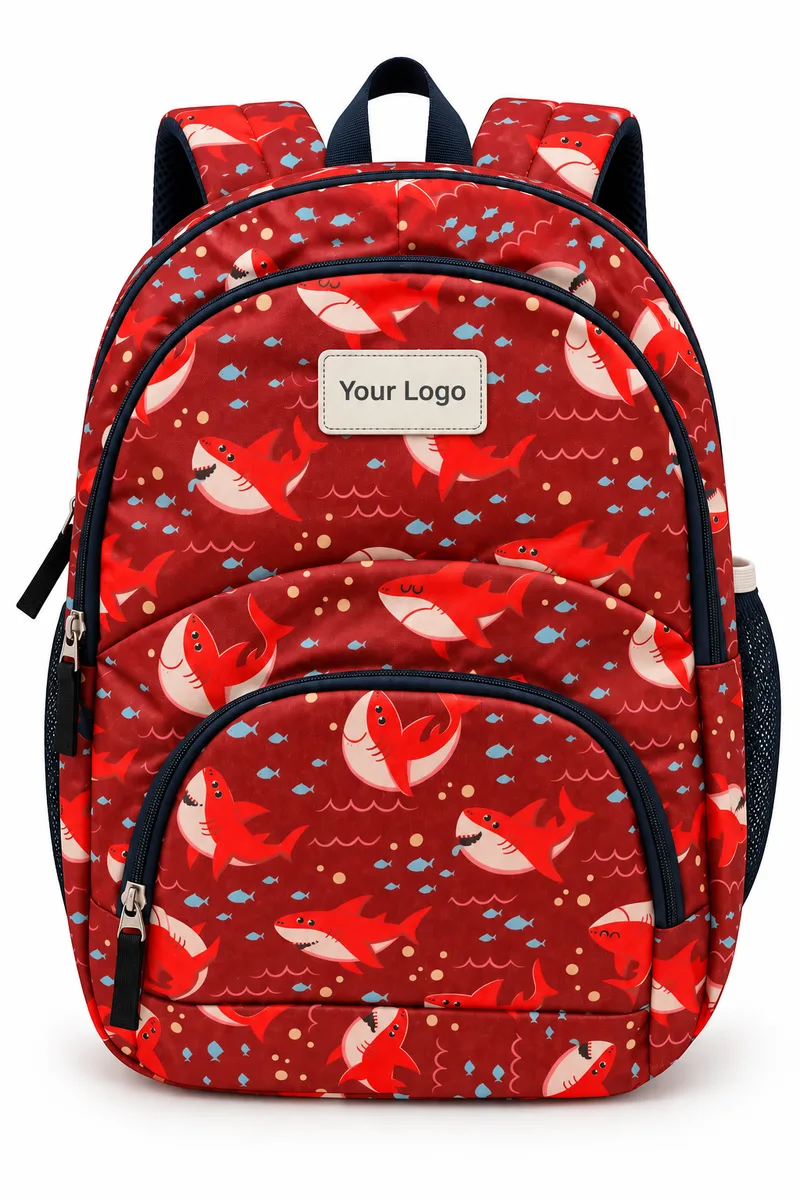 Red children's backpack with an all-over animal print