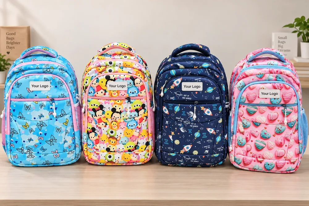 Four printed children's backpacks lined up on a table