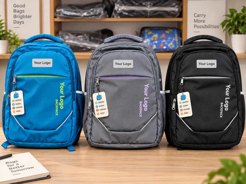Three backpacks in blue, grey and black with printed logos and swing tags, on a wooden table