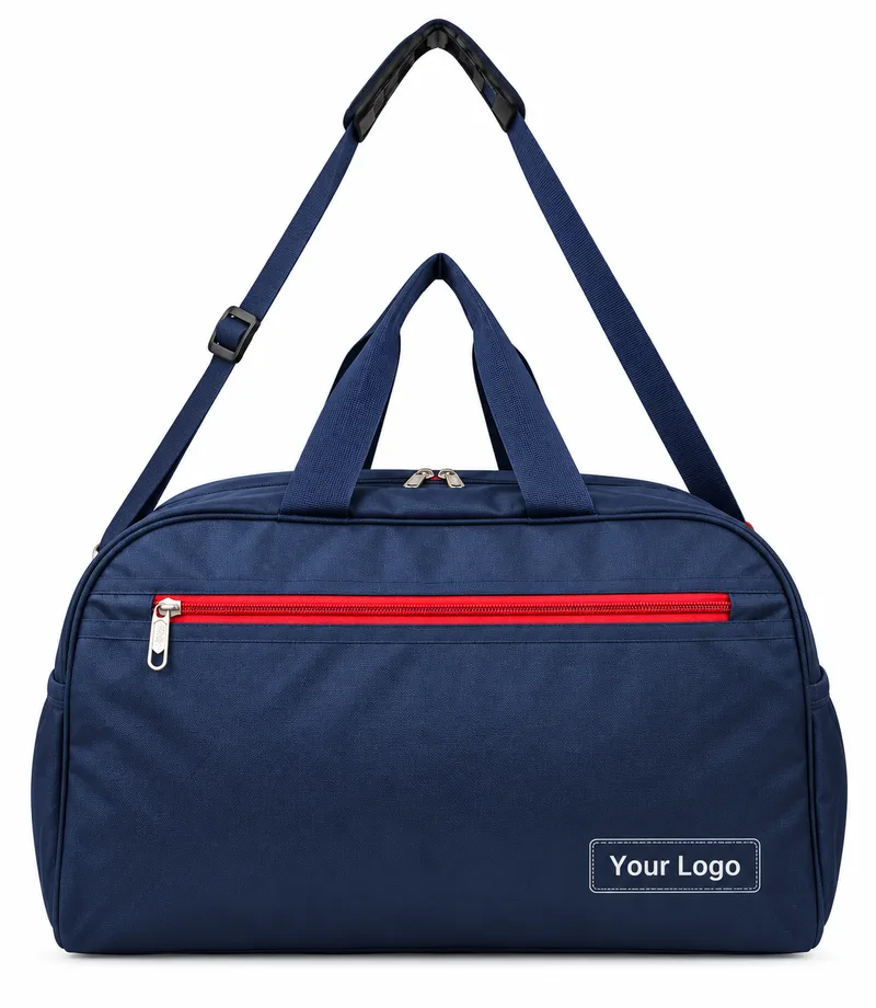 Navy duffel bag with a red zip, top handles and a shoulder strap