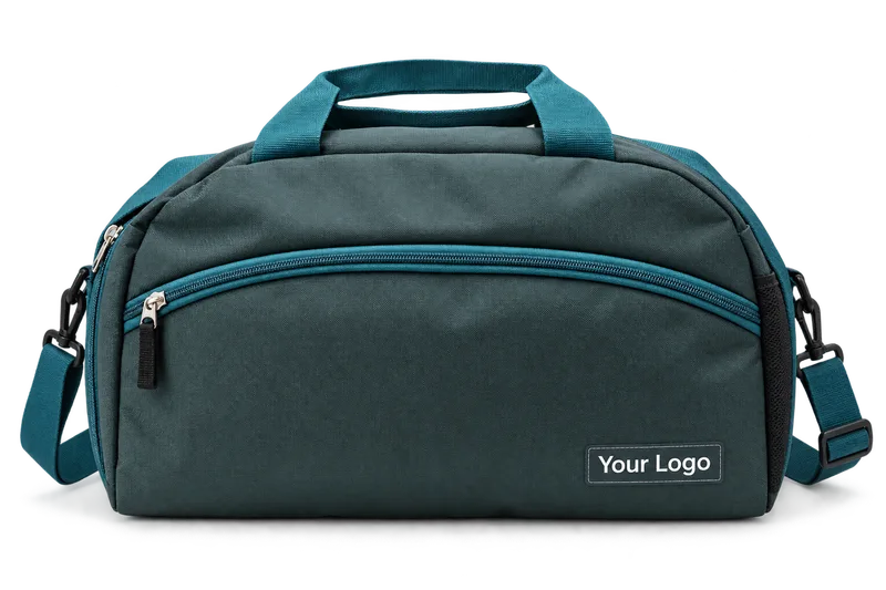Teal duffel bag with top handles, a front zip pocket and a shoulder strap