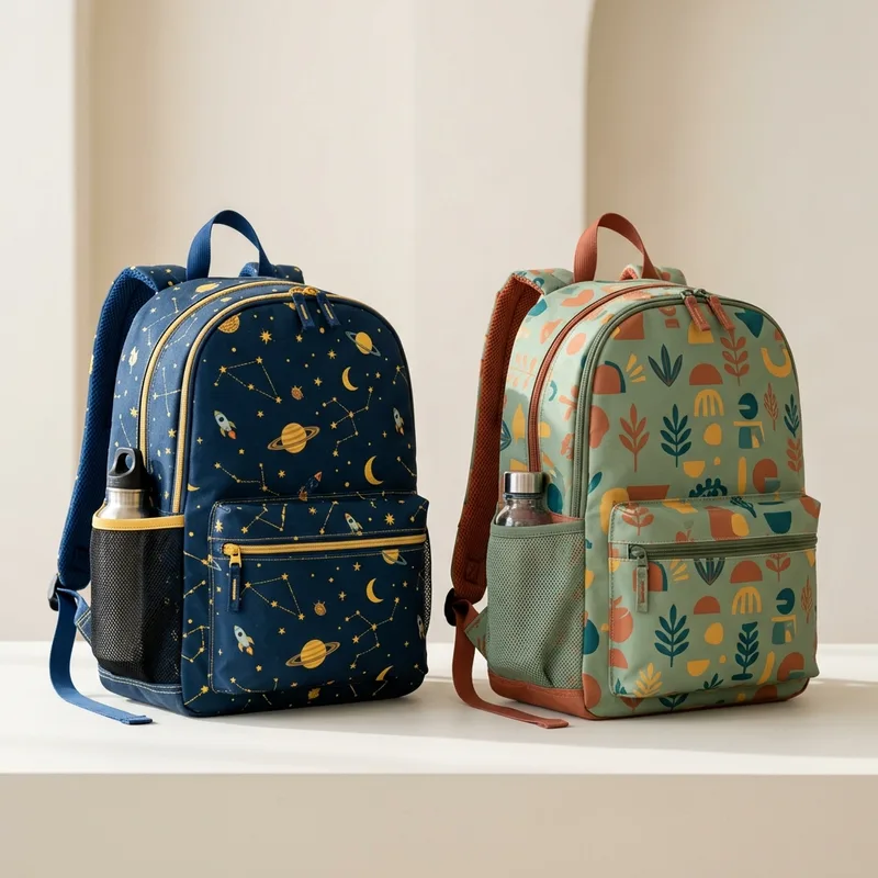 Two children's backpacks, one with a space print and one with a leaf print