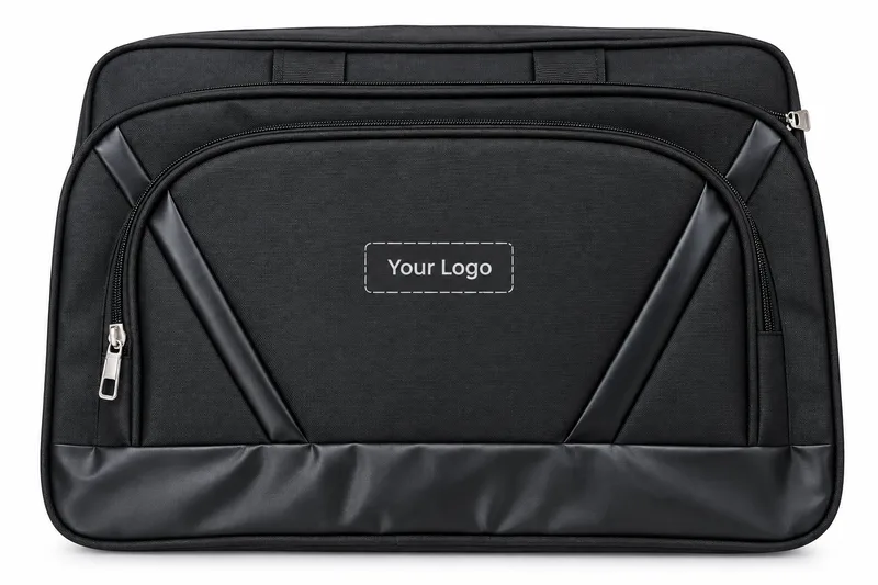 Black laptop messenger bag with a logo area on the front
