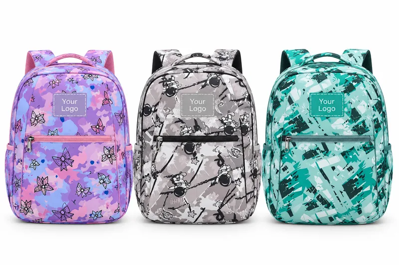 Three printed school backpacks in lilac, grey and teal