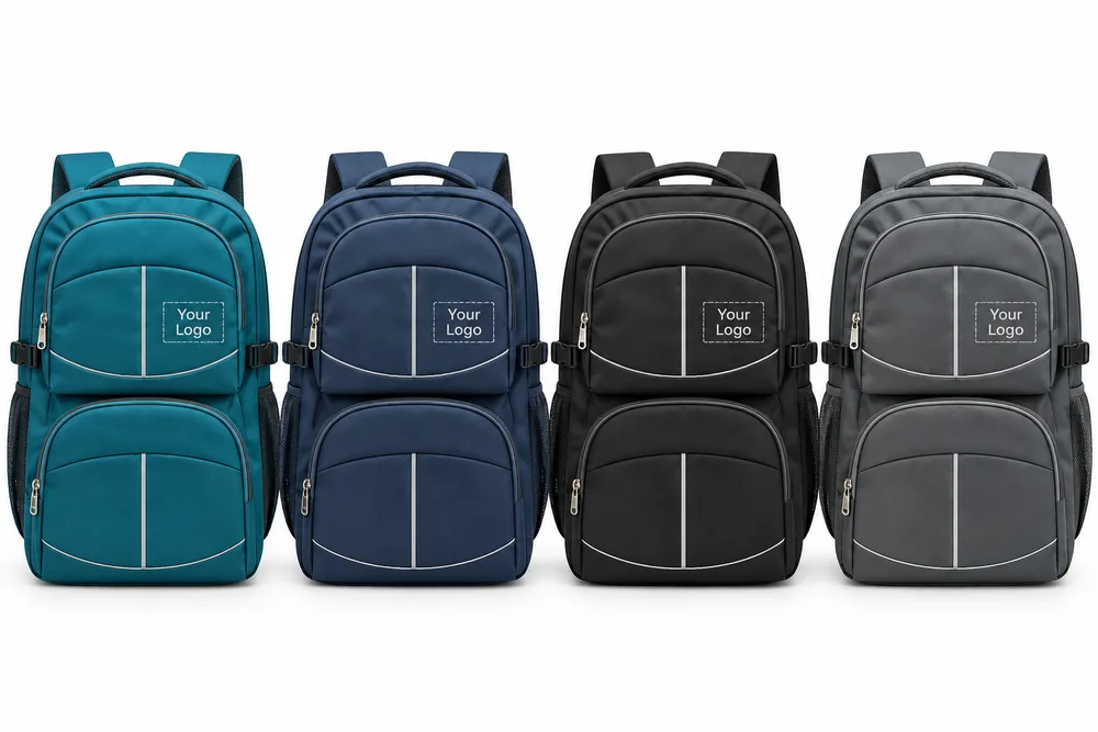 Four backpacks in teal, navy, black and grey, each with a logo area on the front