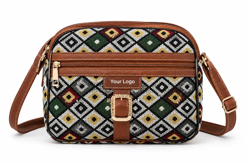 Sling bag in a woven diamond pattern with tan straps
