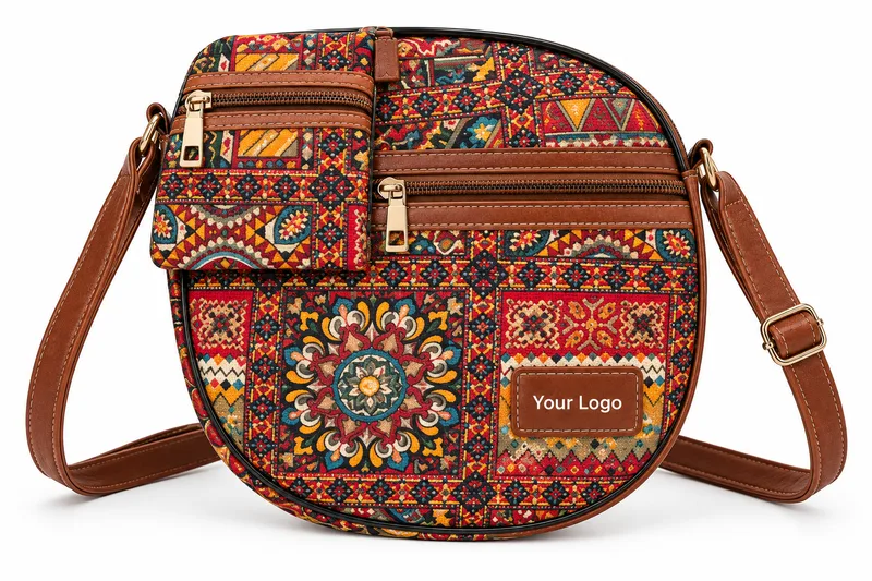Rounded sling bag in a red and orange pattern with a mandala motif and tan straps