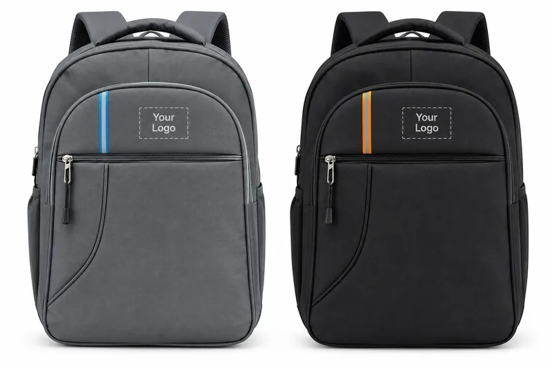 Two laptop backpacks in grey and black with coloured zip trims