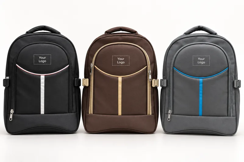 Three backpacks in black, brown and grey with contrast stripes